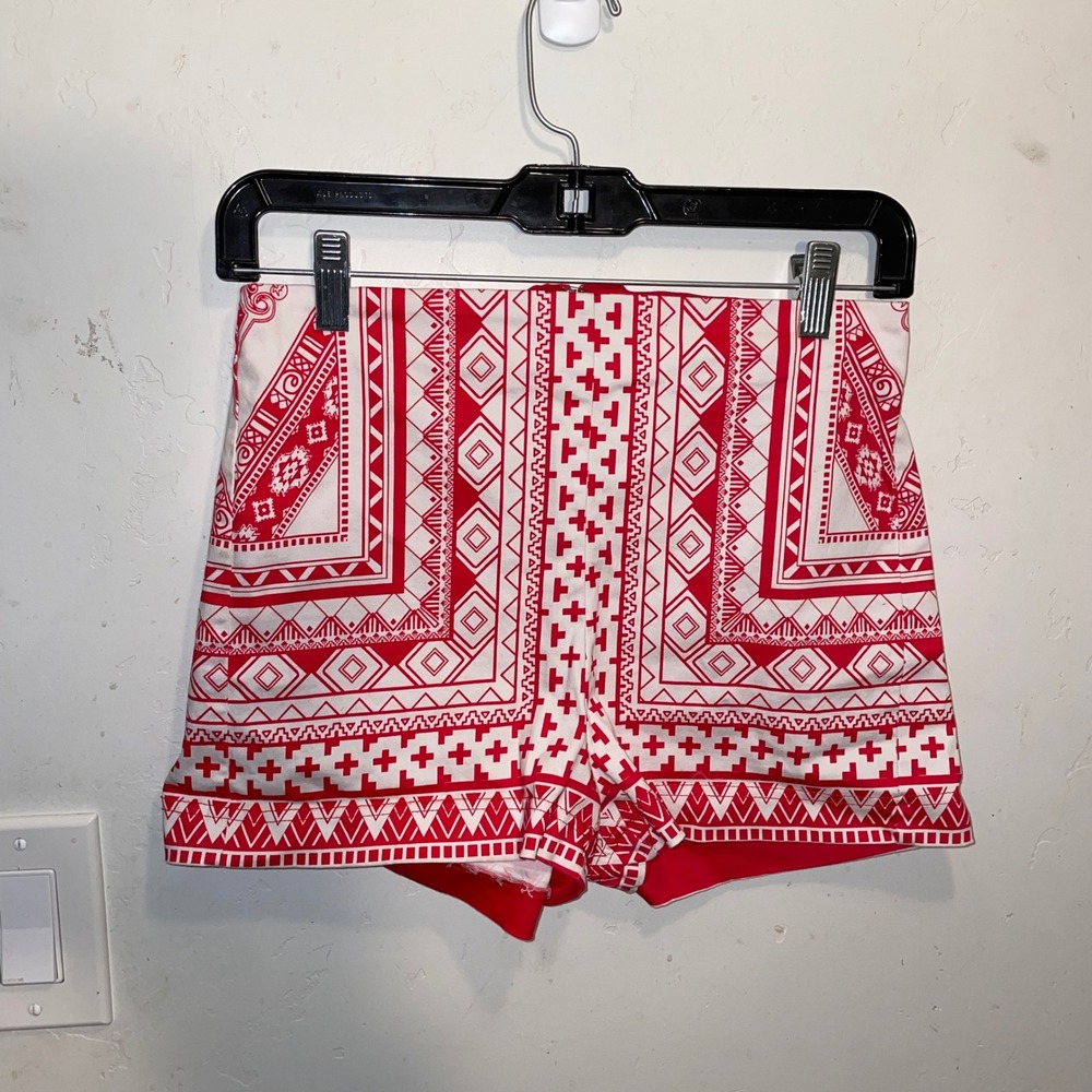 Flying Tomato Red White Geometric Tribal Print High Waisted Shorts Small IP5259